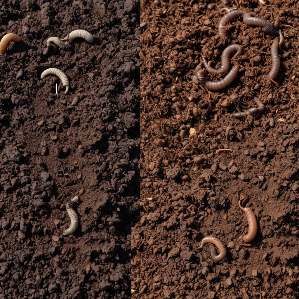Before and after soil restoration showing depleted soil transformed to healthy soil
